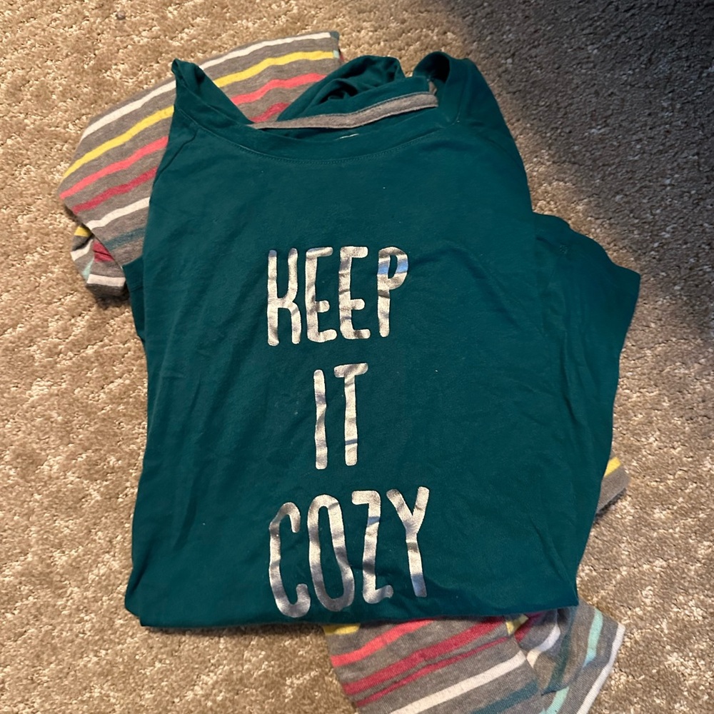 Teal 'Keep It Cozy' Shirt with Striped Pajama Pants